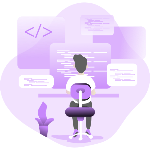 Ilustração de um rapaz sentado de frente a múltiplas telas de computador